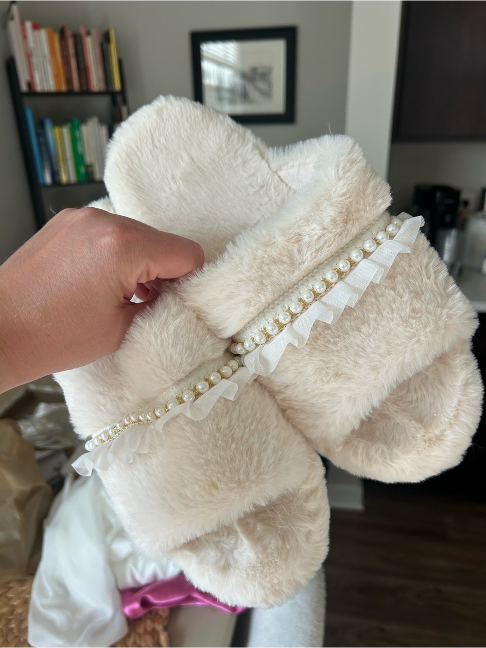 Plush Pearl-Trim Cream Slippers - Women Accessories